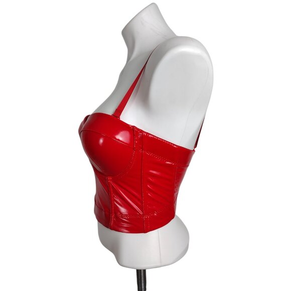 Red Convertible Shiny PU Leather Wet Look Bustier Corset Crop Top - Picture 4 of 9